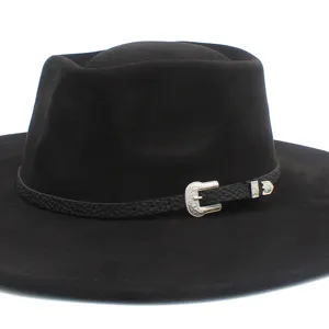 Cappello fedora vintage in camoscio nero con fibbia in stile western argentata