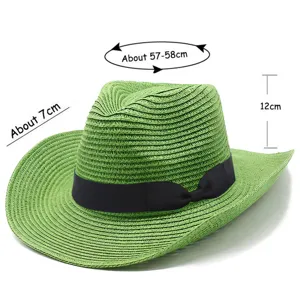 Cappello da cowboy in paglia verde con nastro nero, dettagli cappello sole vintage.