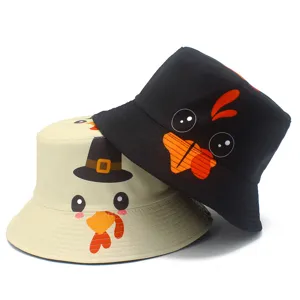 Sombrero de Pescador de Algodón Estampado de Pavo de Dibujos Animados de Acción de Gracias Para Hombres Mujeres Casual Aire Libre Ala Ancha Plegable