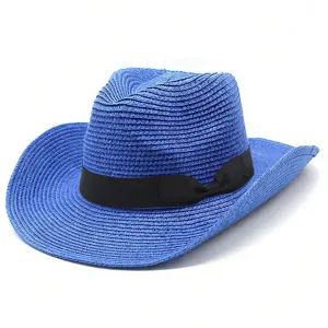 Cappello da cowboy in paglia blu intrecciato cappello sole elegante con nastro nero donna.