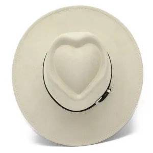 Cappello fedora beige con corona a cuore, tesa larga, cappello jazz retro in camoscio uomo donna