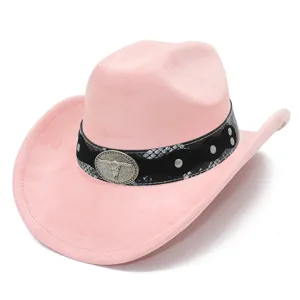 Rosa Wildleder Western Cowboy Hut mit Schlangenmuster Band und Stierkopf Schnalle stilvoll.