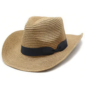 Cappello da cowboy in paglia classico con nastro nero per donna protezione solare chic.