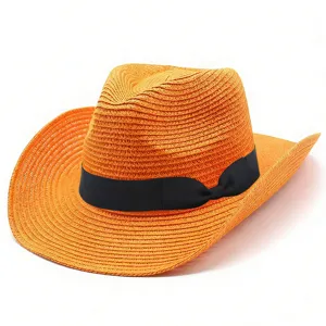 Cappello di Paglia da Donna Vintage Western Cowboy con Fiocco Tesa Larga Curva Traspirante Cappello da Sole per Spiaggia