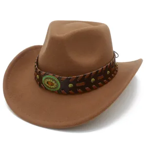 Close up of the tribal woven strap western cowboy hat detail showing retro metal decor.