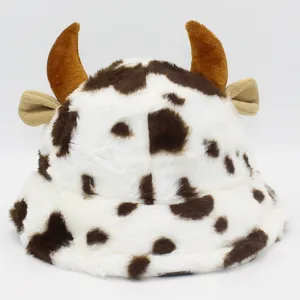 Schattige Koepatroon Pluche Vissershoed Voor Vrouwen Herfst Winter Verdikte Warme Namaakbont Fisherman Hat Met Hoorns En Oren