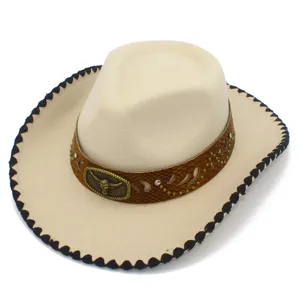 Sombrero de vaquero occidental vintage con tira de cuero y hebilla de toro para adultos.