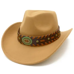 Ethnic Western Cowboy Hat With Woven Leather Band Metal Buckle Vintage Jazz Fedora Hat For Travel Vacation Unisex