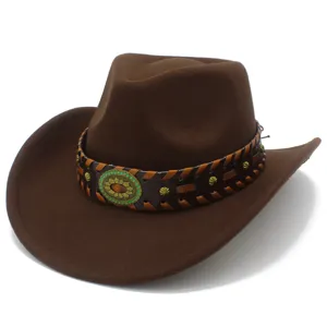 Detailed close-up of a brown felt western cowboy hat with braided leather band and metal concho.