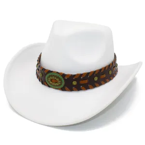 Close-up detail of white western cowboy hat with brown woven leather band and metal concho.
