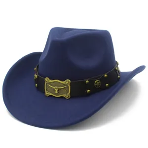 Blue western cowboy hat with dark brown leather belt, brass bull skull buckle and star rivets.