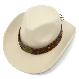Ethnic braided band western cowboy hat detail shot, retro style beige fedora hat for travel.