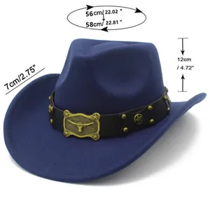 Blue western cowboy hat with metal bull head buckle and retro leather belt for men and women.