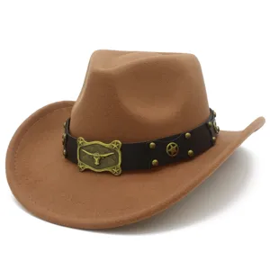 Vintage brown wool felt western cowboy hat with leather belt and bull head buckle detail.