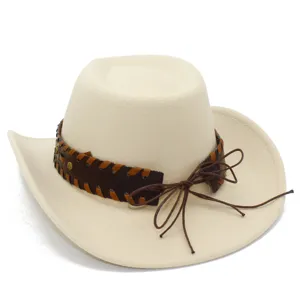 Close-up view of beige western cowboy hat featuring brown woven leather band and stylish bow detail.