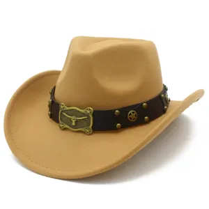 Vintage Western Cowboy Hat For Women Men With Bull Head Belt Buckle Decoration Heart Top Jazz Fedora Hat Punk Wide Brim Sun Hat