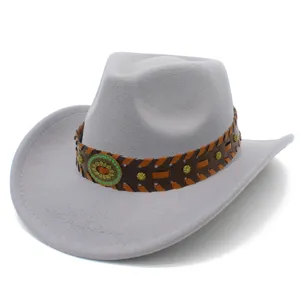 Close-up of a grey western cowboy hat with brown braided band and vintage metal buckle.