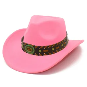 Pink felt western cowboy hat with ethnic braided strap detail for women and men travel.