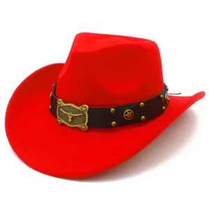 Detailed view of red western cowboy hat with black leather belt and bull buckle close-up.