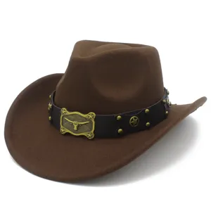 Retro brown western cowboy hat featuring black leather belt and metal bull head buckle style.