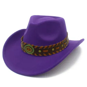 Purple western cowboy hat for men and women, stylish braided leather band jazz hat for travel.