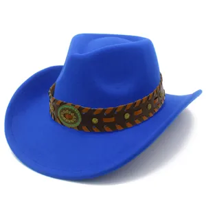 Blue felt western cowboy hat detail showing ethnic woven leather band and vintage metal concho.