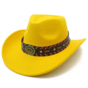 Yellow felt western cowboy hat detail with brown woven leather band and metal buckle.