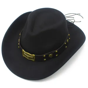 Classic black western cowboy hat with leather belt, metal bullhead buckle and star studs.