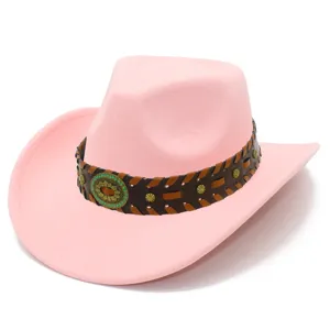 Pink western cowboy hat detail closeup, featuring brown braided strap and vintage metal buckle decor.