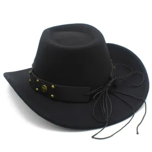 Black western cowboy hat detail showing dark leather belt, metal star rivet and side tied cord.
