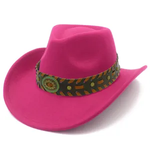 Pink western cowboy hat with brown woven leather band and metal studs, ideal for vacation travel.