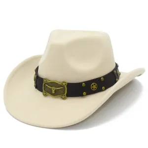 Vintage western cowboy hat with black leather belt and longhorn buckle detail for men women