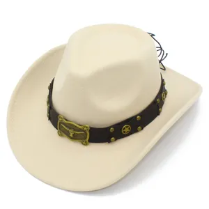 Retro beige western cowboy hat with brown leather band, metal bull skull buckle and star studs.