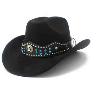 Black suede cowboy hat detail featuring decorative leather band with rhinestones and star.