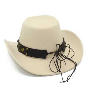 Beige felt western cowboy hat with dark brown leather band, star studs and black string decor.