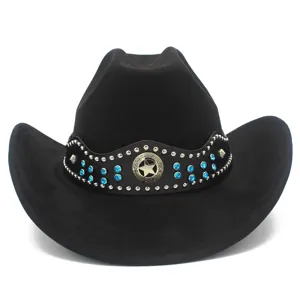 Details of the black suede cowboy hat featuring rhinestone studs and star emblem.