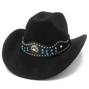 Detailed view of black suede cowboy hat band with metal studs and blue rhinestones.