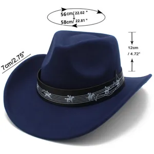 Cappello da cowboy in feltro blu con fascia di note musicali tesa larga jazz fedora