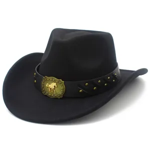 Classic black wool felt cowboy hat with leather belt, metal studs and horse buckle detail.