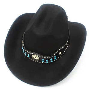 Black faux suede cowboy hat detail view featuring decorative rhinestone band and star buckle.