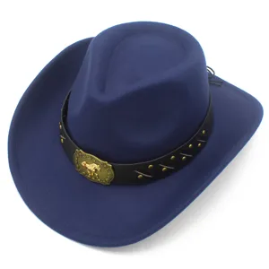 Blue woolen cowboy hat detail showing golden horse buckle on black belt and wide brim design.