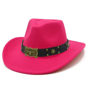 Pink western cowboy hat with black leather belt and retro bull head buckle fashion jazz top hat