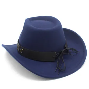 Blue felt jazz hat with black leather strap and metal studs, wide brim retro cavalier hat detail.