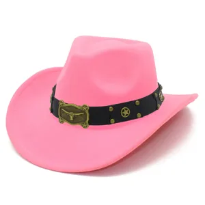 Pink western cowboy hat with black belt, bull buckle and star studs for stylish outfit.
