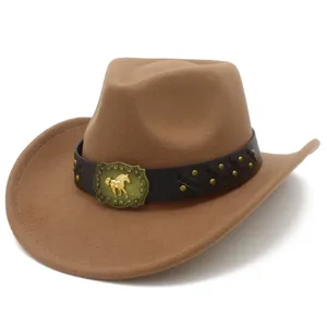 Detailed view of brown felt cowboy hat featuring dark leather belt and gold horse buckle.