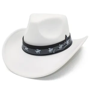 Cappello da cowboy a tema musicale alla moda con tesa larga e fascia note unisex.
