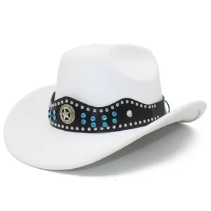 Suede cowboy hat with rhinestone rivet band, classic western style unisex fashion jazz hat.