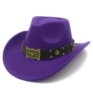Close up of purple western cowboy hat detail, black leather belt, brass bull buckle, star studs.