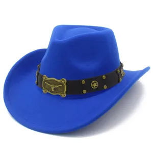 Blue western cowboy hat detail, felt cap with brown leather belt and metal bull head.