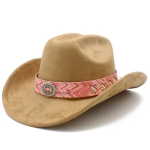 Bohemian style retro wide brim cowboy hat with pink patterned band and silver concho detail.